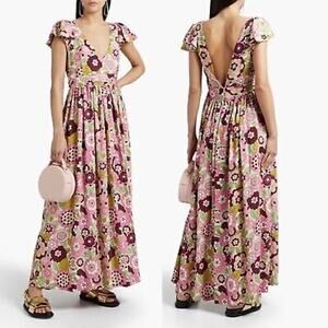 Dodo Bar Or Jenny Floral Print Ruffle Sleeve Maxi Dress Size Small